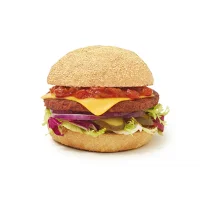 een vegetarische burger gemaakt van Soja, belegd met kaas en tomatenrelish. 