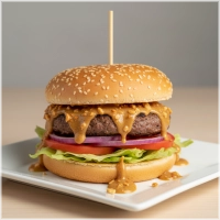 classic burger  120g of 180g met pindasaus, seroendeng, komkommer, sla, tomaat.en rode ui . 