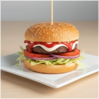 Burger  120g of 180g, Een burger met mayo, Curry , Ketchup komkommer, ui,sla en tomaat. 