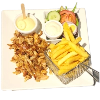 Heerlijk  kip doner kebab met KnoflooksausAlle menu's worden geserveerd met de allerlekkerste friet , mayosause en een frisse salade met dressing saus. 