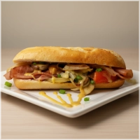 Pistolet met warme ham gegrild cherrytomaatjes,rode ui,bosui,paprika  en honing-mosterdsaus. 