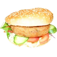 een kipburger met pittige Apollo cocktailsaus, Komkommer, tomaat en rode ui. 