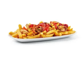 Geyros (210g) met allerlekkerste friet, frietsaus, gegrild cherrytomaatjes, rode ui,paprika,champignonbosui en tzatziki saus.