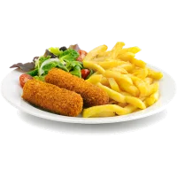 2 kroketten naar keuzeen altijd met mosterd sausAlle menu's worden geserveerd met de allerlekkerste friet , mayosause en een frisse salade met dressing saus. 